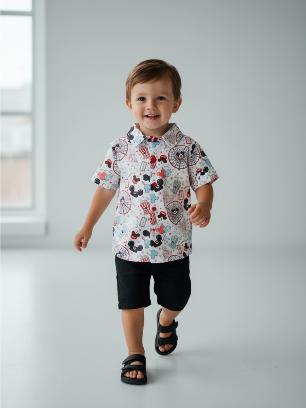 Disney inspiredToddler Short-Sleeve Button Shirt in White with Red & Black Print